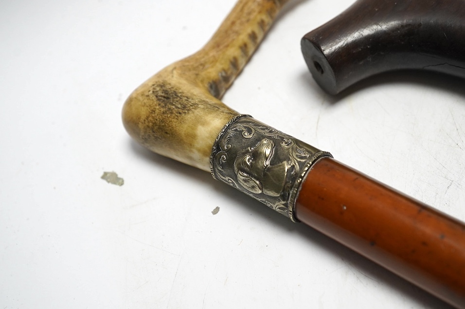 Four mixed silver mounted walking sticks, a riding crop and a baton, longest 88cm. (6). Condition - fair considering use and age